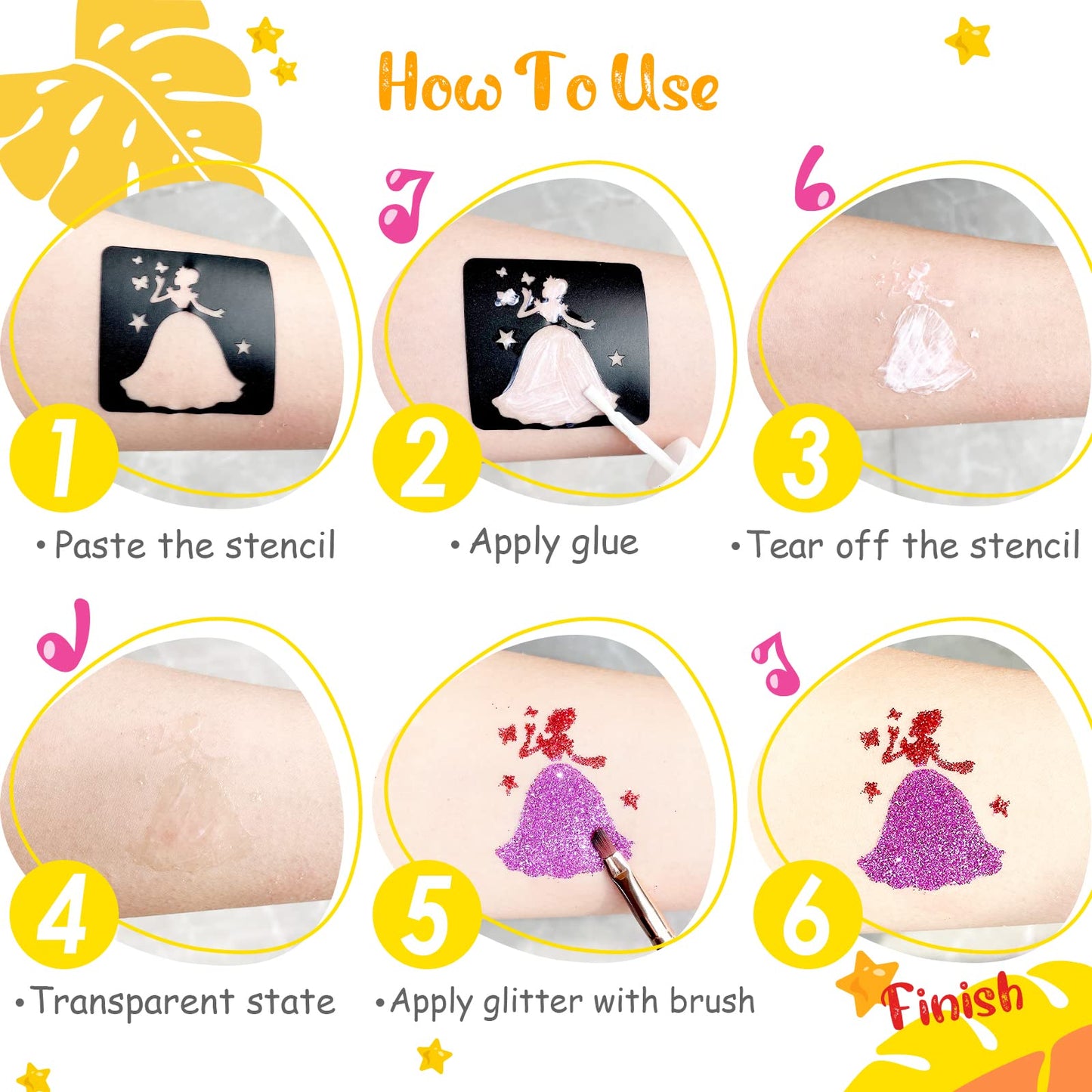 Glitter Tattoo Set for Girls, Eleanore's Diary 31 Biodegradable Glitter, Temporary Tattoo Kit, Kids Glitter Tattoos Set, 165 Stencils, 4 Brushes, 2 Glues, Gift for Girls 3+