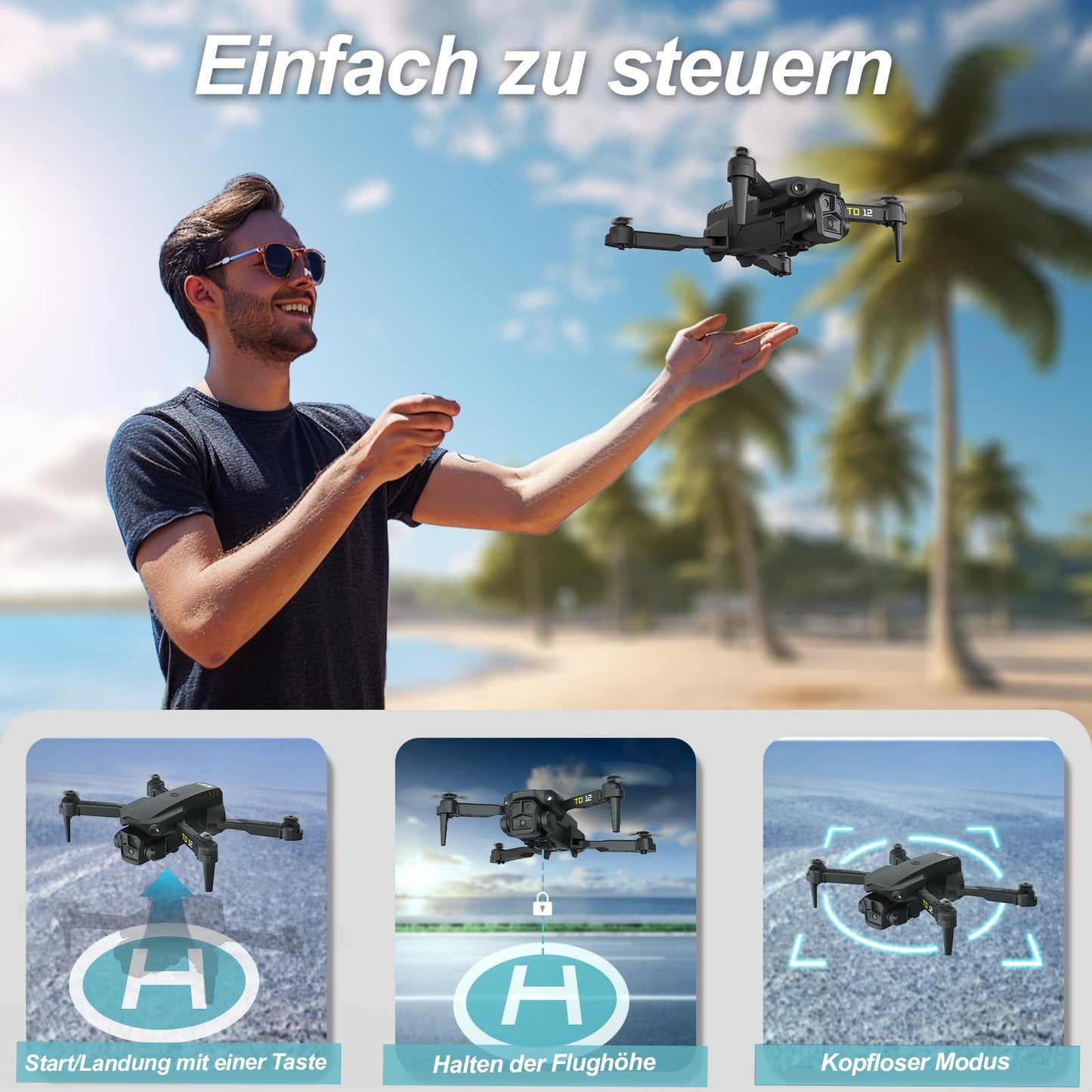 Toladrone drone with camera for beginners, drone with ESC camera, mini foldable FPV drone with headless mode, quadcopter with 2 batteries TD12 RC drone.