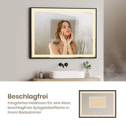 EMKE Bathroom Mirror with Lighting 80x60cm, black with touch control, dimmable, anti-fog, clock, memory function, and neutral light 4300K, energy-saving wall mirror IP44