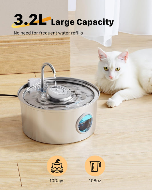 Cat fountain: 3.2L drinking fountain for cats with transparent window - Cat fountain for cats made of stainless steel in the shape of a water tap - Silent water pump - Multiple filtration - KOOGMOON