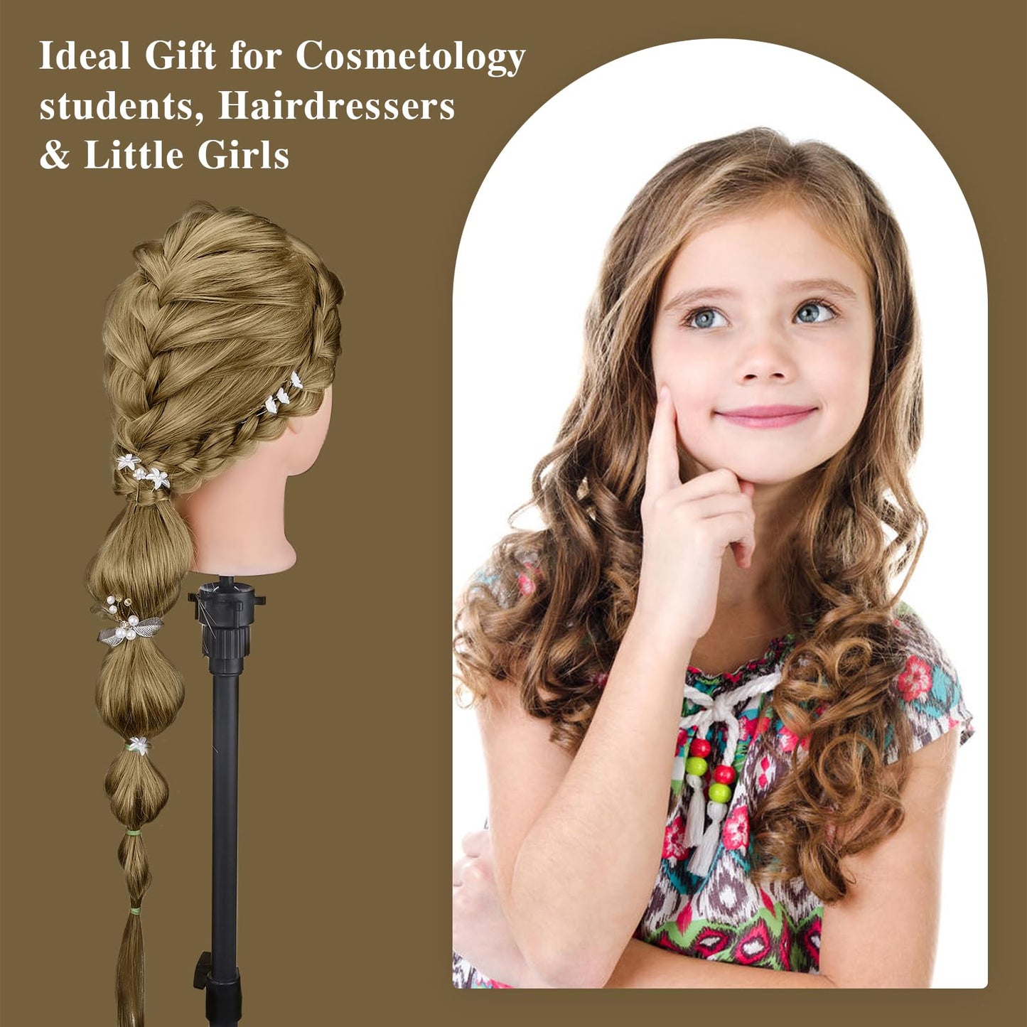 Neverland Hairstyling Head, 28 Inch 60% Real Human Hair Mannequin Head for Hairdressing with Table Clamp + DIY Hair Styling Tools Set (Gold)