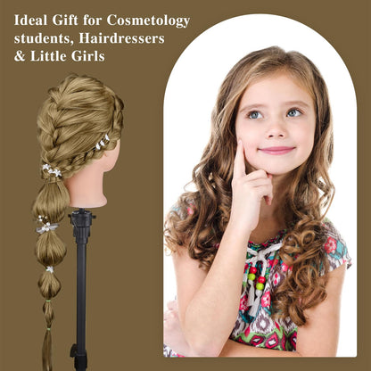 Neverland Hairstyling Head, 28 Inch 60% Real Human Hair Mannequin Head for Hairdressing with Table Clamp + DIY Hair Styling Tools Set (Gold)