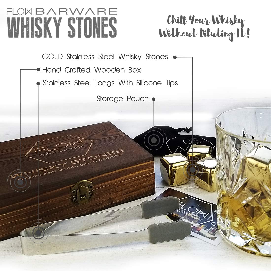 FLOW Barware Gold Whiskey Stones, gift set with ice tongs and storage bag, reusable metal ice cubes, prevent dilution of whiskey, rum, brandy, wine and gin drinks.