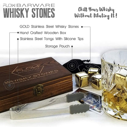 FLOW Barware Gold Whiskey Stones, gift set with ice tongs and storage bag, reusable metal ice cubes, prevent dilution of whiskey, rum, brandy, wine and gin drinks.
