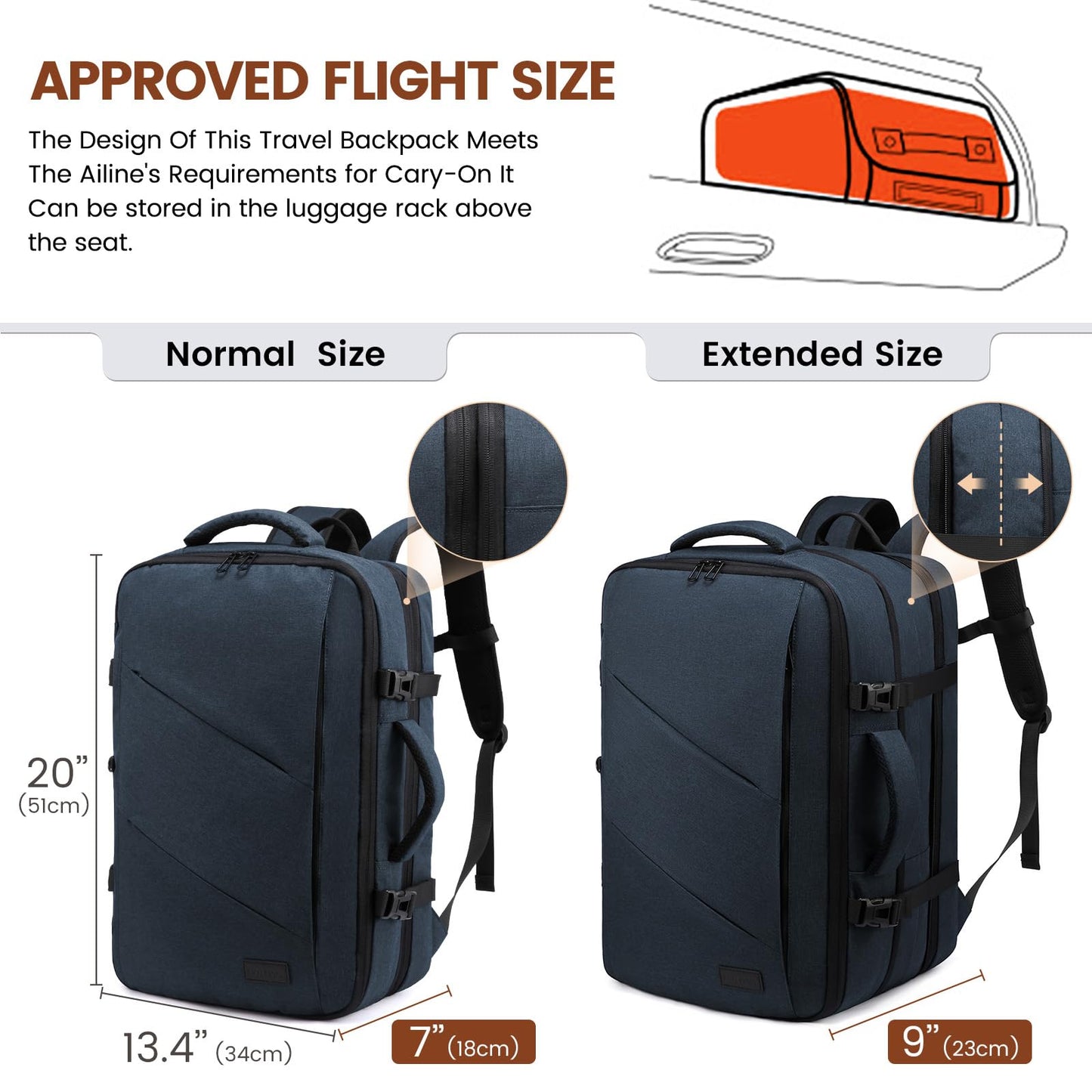 LOVEVOOK 30-40L backpack carry-on travel backpack for men and women, expandable business backpack, laptop backpack for 17.3 inches, anti-theft, blue.