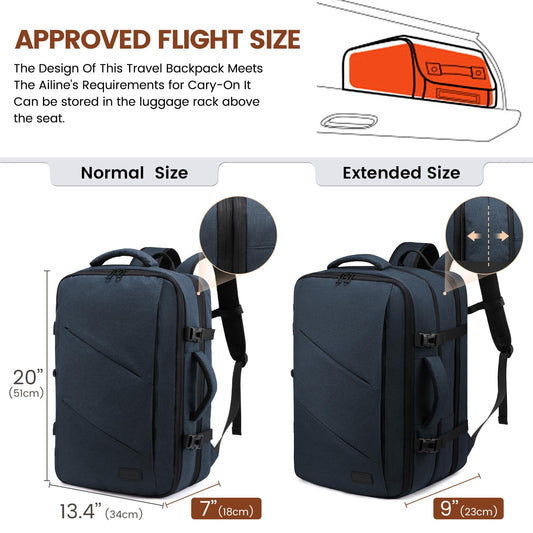 LOVEVOOK 30-40L backpack carry-on travel backpack for men and women, expandable business backpack, laptop backpack for 17.3 inches, anti-theft, blue.
