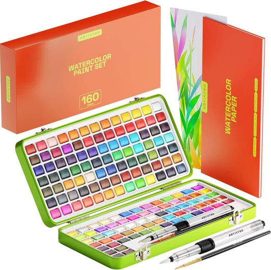 Artistro watercolor paint set 160 colors with brush and watercolor paper, Portable box watercolor set, watercolor set for travel, watercolors for artists and hobby painters