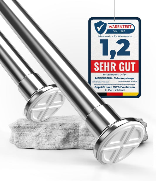 MEISENBERG Shower Rod without Drilling 310-360cm, Silver, Ø 32 mm, Telescopic Rod for Clamping - Telescopic Curtain Rod for Curtains, Shower, Door Openings, and Wardrobe