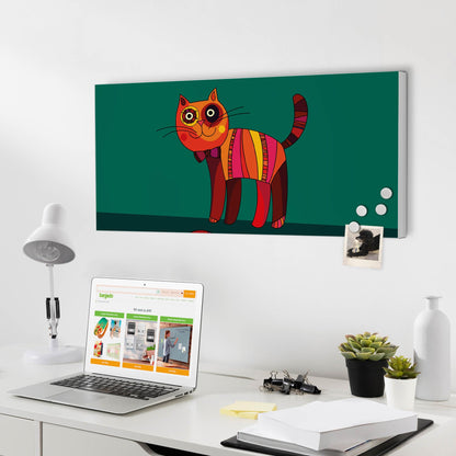 banjado magnetic board white 78 x 37cm / metal magnetic board as memo board/pinboard for kitchen, office, children's room incl. 4 magnets & mounting kit - design orange cat