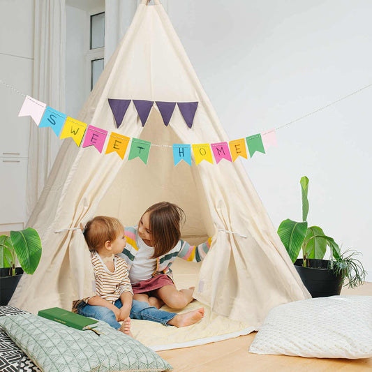 Kids Play tent Teepee Children's tent made of 100% natural materials; Kids' room Indian tent made of cotton & wood for indoors & outdoors (Beige)