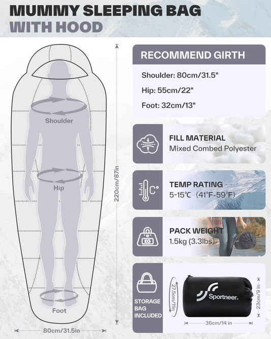 Outdoor mummy sleeping bag: Sportneer 3-4 seasons lightweight water-resistant sleeping bag 5°C - 15°C for travel festival camping indoor compact & ultralight, black+grey.