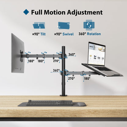 BONTEC Monitor Stand with Laptop Arm for 13-32 inch LCD LED Screen up to 15.6" Notebook, Tilt, Swivel, Monitor Laptop Mount Desk with Clamp, VESA 75x75-100x100mm.