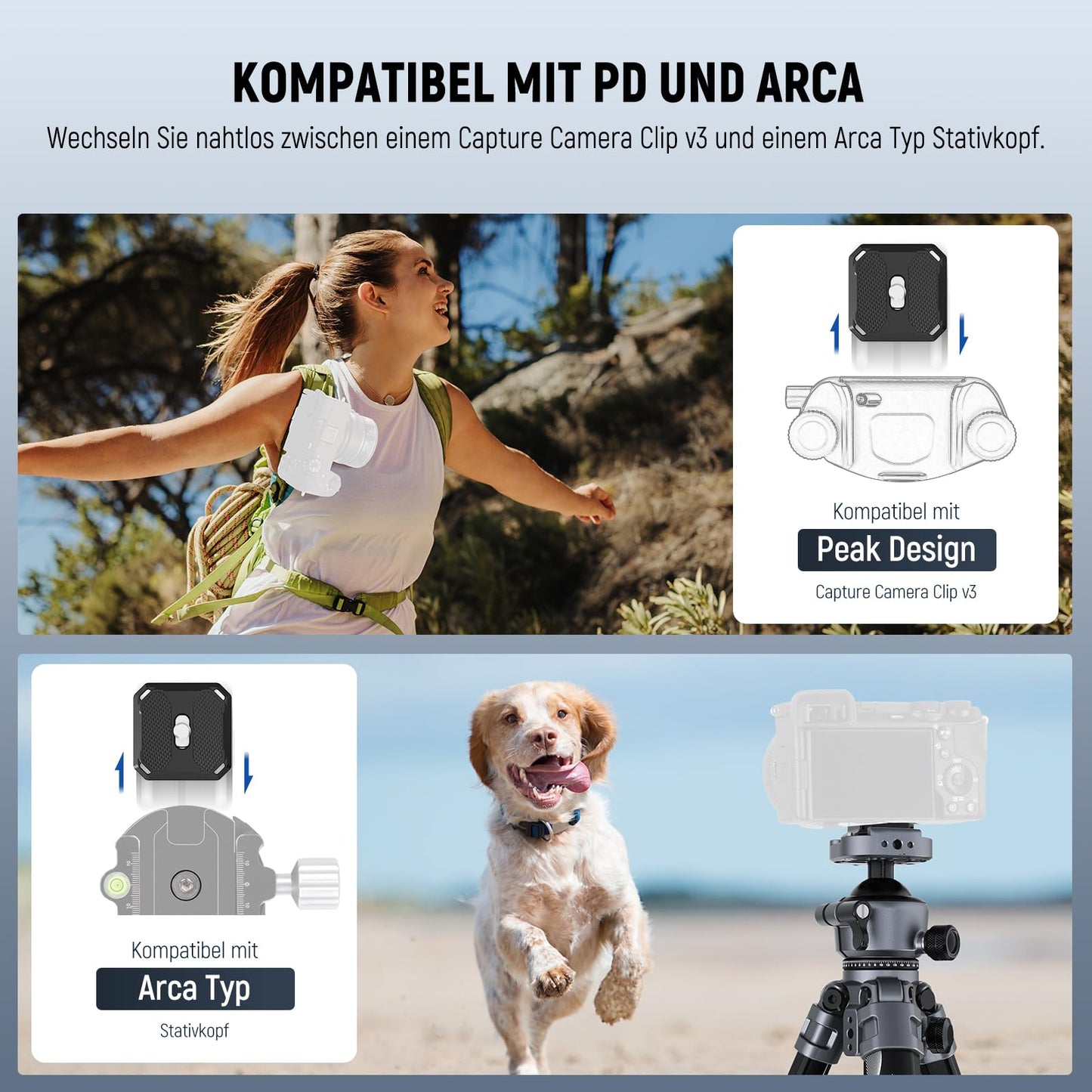 NEEWER LITETRIP LT07 61" Aluminum Travel Tripod, Camera Tripod with Pan Tilt Low Profile Ball Head Arca QR Plate compatible with Peak Design Tripod Plate V3, 2 in 1 Phone Clip Handle Max Load 22lb