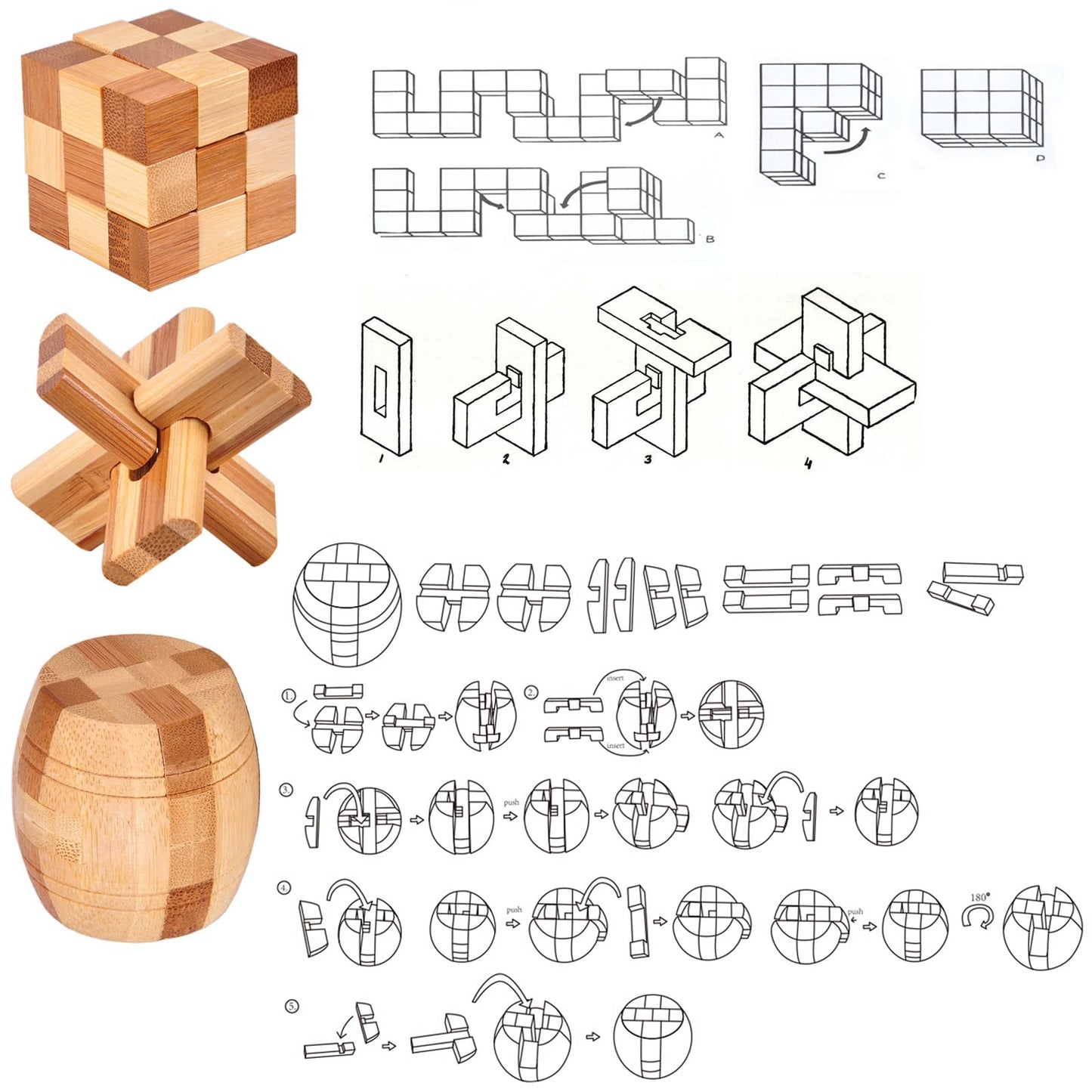 Wooden puzzle set of 9 pieces, including brain teasers, skill games, logic games, IQ games, and patience games. 3D mini puzzles for adults and kids, measuring 4.5cm. Great gift idea.