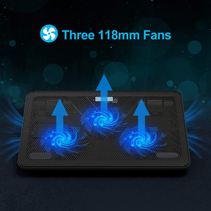 TECKNET Laptop Cooling Pads, Laptop Cooler for 12-17 inch, Cooling Pad Notebook Cooler Stand Cooling Mat, 2 USB Ports, 3 Fans with LEDs (Blue+Black)