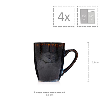 Singer | Coffee cup set Tokyo 4 pcs, coffee mug set for 4 persons, stoneware cup dishwasher safe, handmade cup set, mug set blue-black with brown accents 300 ml | PREMIUM COLLECTION