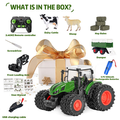 PENGBU RC Tractor Toy for 3 years and up, 2.4 GHz Remote Controlled Tractor with trailer, RC Farm Toy with remote control, cow and sheep, Gift for 2, 3, 4, 6 years old.