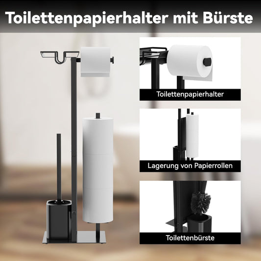 Dailyart freestanding toilet paper holder with toilet brush - multifunctional standing toilet paper holder with upper shelf brush holder toilet paper holder with brush black toilet set for bathroom and toilet.