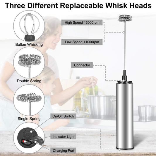 MOSUO Electric Milk Frother, rechargeable, USB and mini hand mixer with dual whisks, stainless steel mixer for coffee, cream, cappuccino, latte, cocktails, juice.