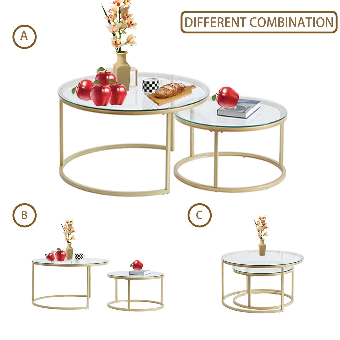 EGOONM 2-piece set round coffee table, round modern glass table with gold metal frame, (80*80*45cm+60*60*35cm)