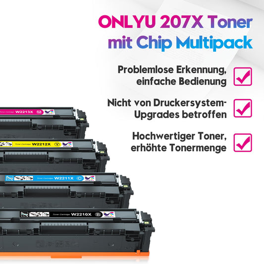 ONLYU 207X 207A Toner with Chip Compatible for HP 207A 207X for HP Color Laserjet Pro MFP M283fdw Toner Black M255dw M282nw M283fdn M255nw W2210X W2211X W2212X W2213X M283 M255 4-Pack