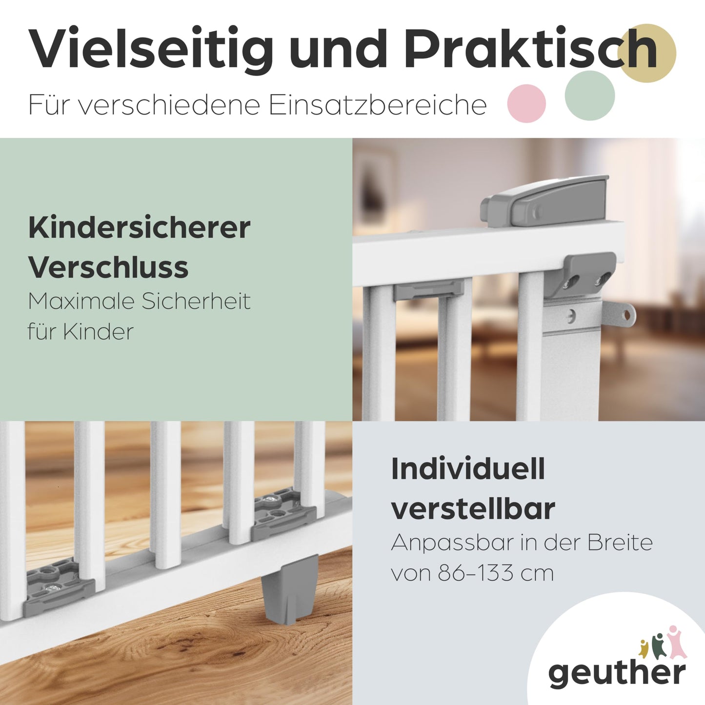 Geuther Door Safety Gate Oris | Staircase Safety Gate for screwing on, Width 86-133 cm | Sturdy Baby Gate & Door Gate with Swinging Door, Certified & Safety Tested | Wooden Child Gate, White