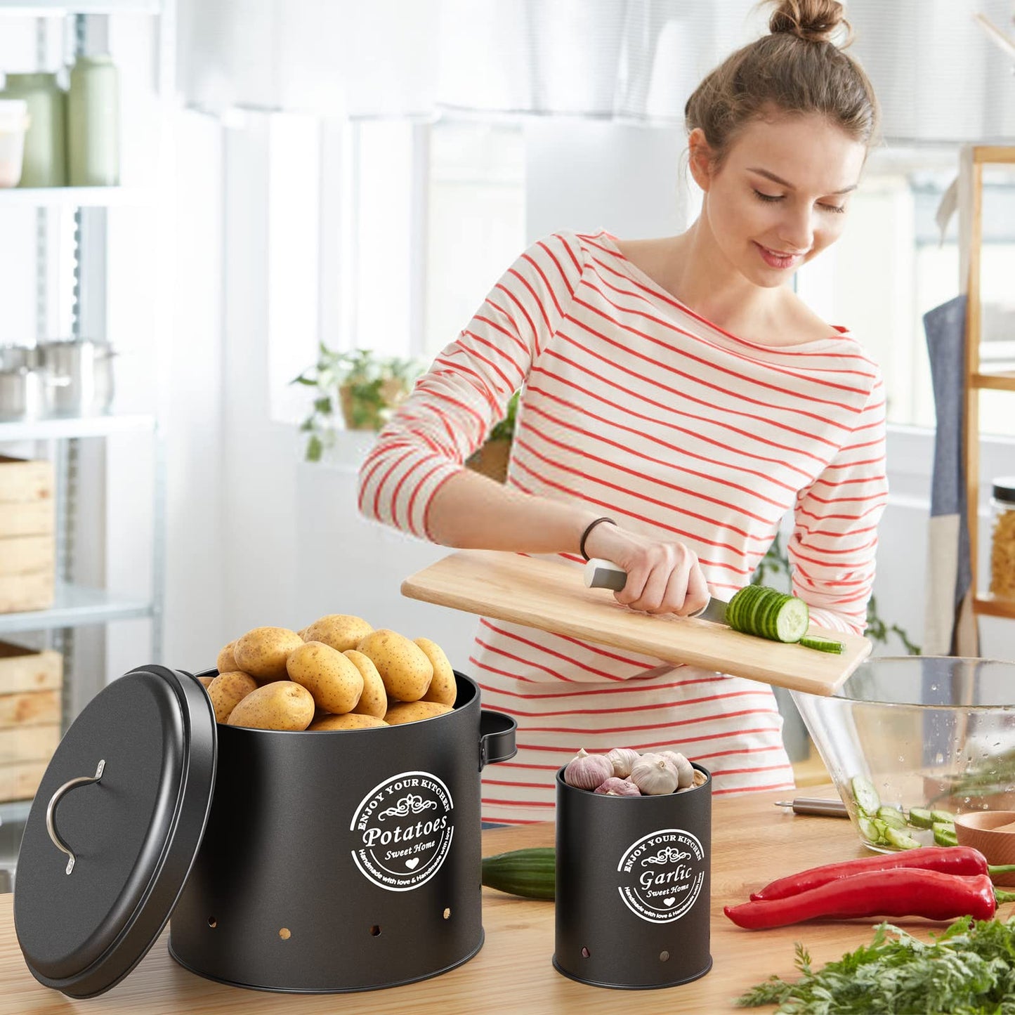 rokrust Potato storage box, onion pot, large metal storage container, kitchen, can store potatoes for a long time (Black)