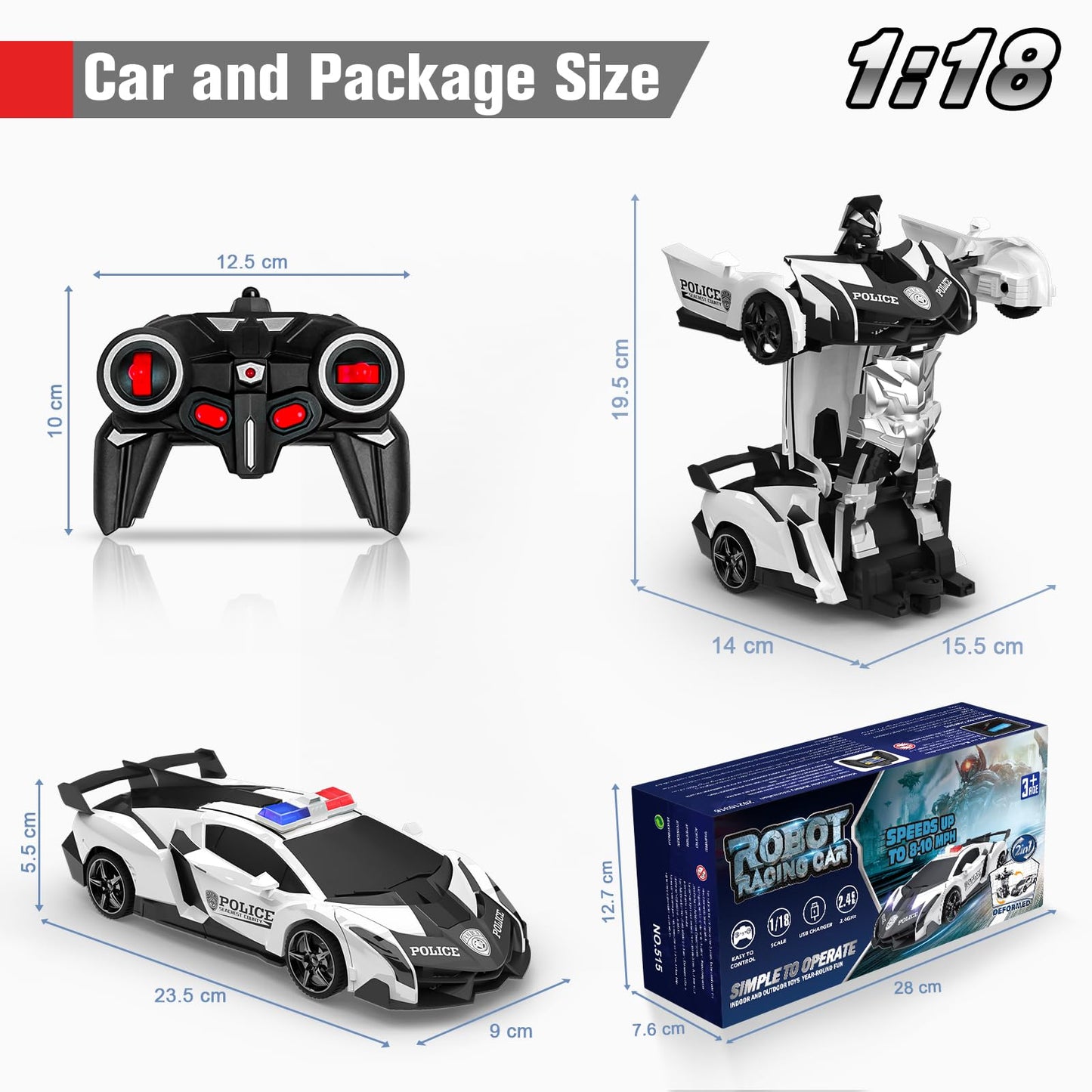 Remote control car, 2 in 1 transformer remote controlled robot kids car 360° rotation RC police car with battery, toy for 3 4 5 6 7 8 9 year old girls gifts games boy gift ideas.
