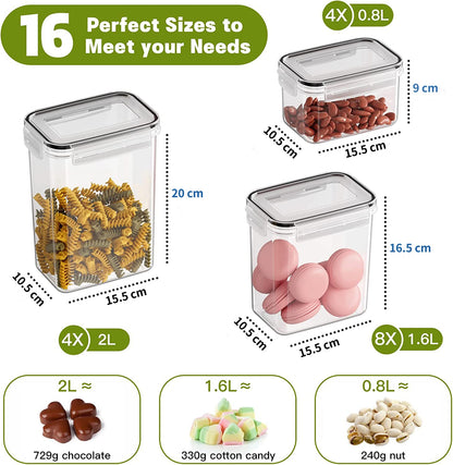 Without Vorratsdosen Airtight 16 Piece Set, Storage Box Kitchen with Plastic Lid, Container Organizer for Flour Cereal Cornflakes (2L 1.6L 0.8L)
