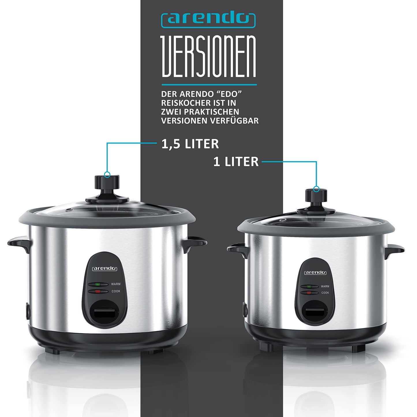 Arendo - Rice cooker stainless steel with keep warm function and steamer function - Steamer - 1.5 liter capacity - Housing brushed aluminum