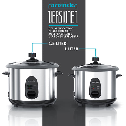 Arendo - Rice cooker stainless steel with keep warm function and steamer function - Steamer - 1.5 liter capacity - Housing brushed aluminum