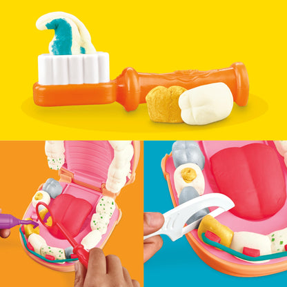 Play-Doh Dentist Dr. Wackelzahn Craft Set with 8 x 56g Tubs and 10 tools for shaping, with cavity clay and metallic clay, creative fun for kids.