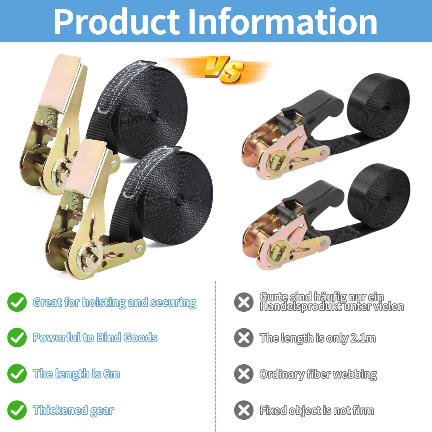 SVIPDDD Ratchet Tie Down Straps Set-6 Pieces 2M/4M/5M, webbing 25mm wide, load capacity up to 1000 kg, ratchet tie downs for motorcycle, bike, luggage & camping securement, tie down straps (Black)