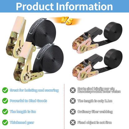 SVIPDDD Ratchet Tie Down Straps Set-6 Pieces 2M/4M/5M, webbing 25mm wide, load capacity up to 1000 kg, ratchet tie downs for motorcycle, bike, luggage & camping securement, tie down straps (Black)