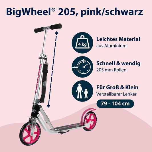 HUDORA BigWheel 205 Scooter - Stable aluminum scooter - Height-adjustable & foldable city scooter with stand - Sporty scooter for kids & adults up to 100kg.
