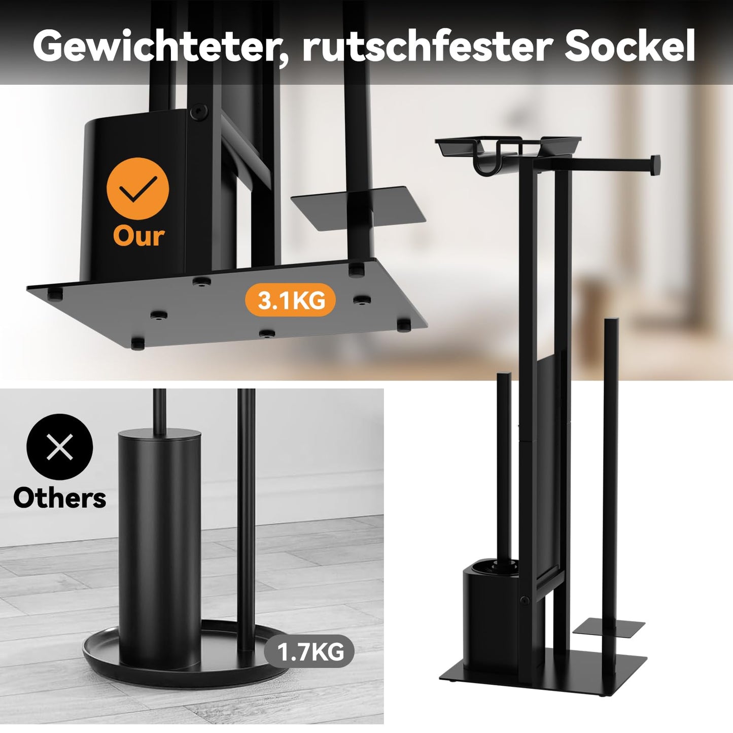 Dailyart freestanding toilet paper holder with toilet brush - multifunctional standing toilet paper holder with upper shelf brush holder toilet paper holder with brush black toilet set for bathroom and toilet.