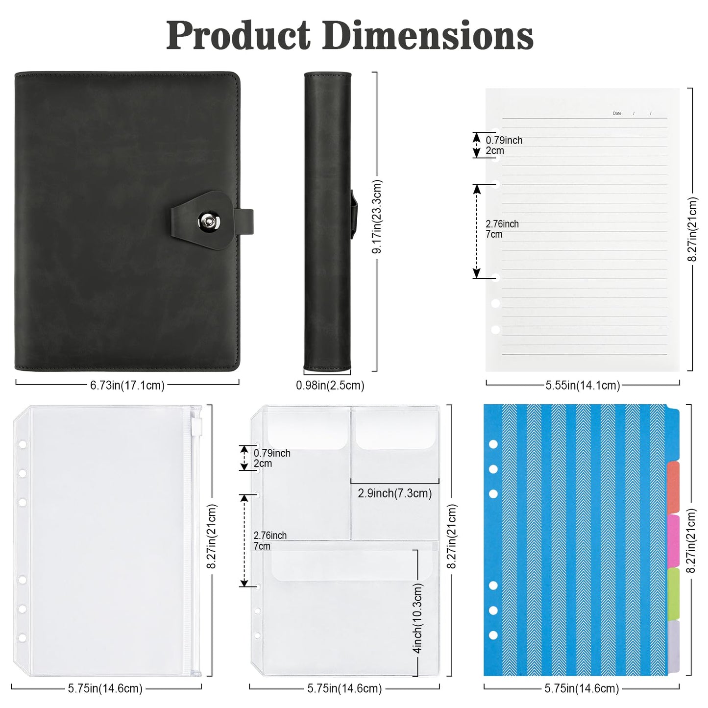 A5 ring binder, refillable A5 ring binder with 100 sheets of refill paper, leather notebook with binder pockets, binder for school notes and travel journals, gift for girls, boys (Black)