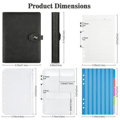 A5 ring binder, refillable A5 ring binder with 100 sheets of refill paper, leather notebook with binder pockets, binder for school notes and travel journals, gift for girls, boys (Black)