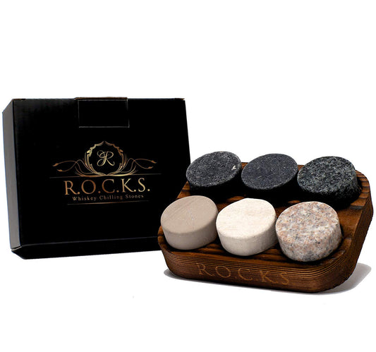 Whiskey Stones Gift Set- 6 Handcrafted Premium Granite Stones- Presentation & Storage Tray Made of Hardwood R.O.C.K.S.