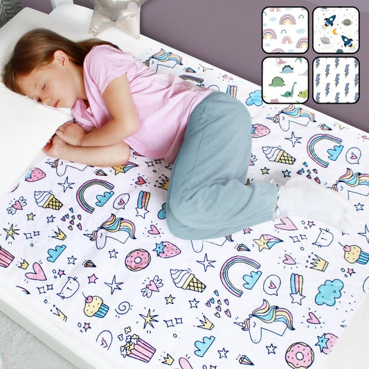 Waterproof bed pad for children | Fits single, toddler, and baby beds | Breathable, washable mattress protector for side tucking during incontinence | Mattress cover | Unicorn