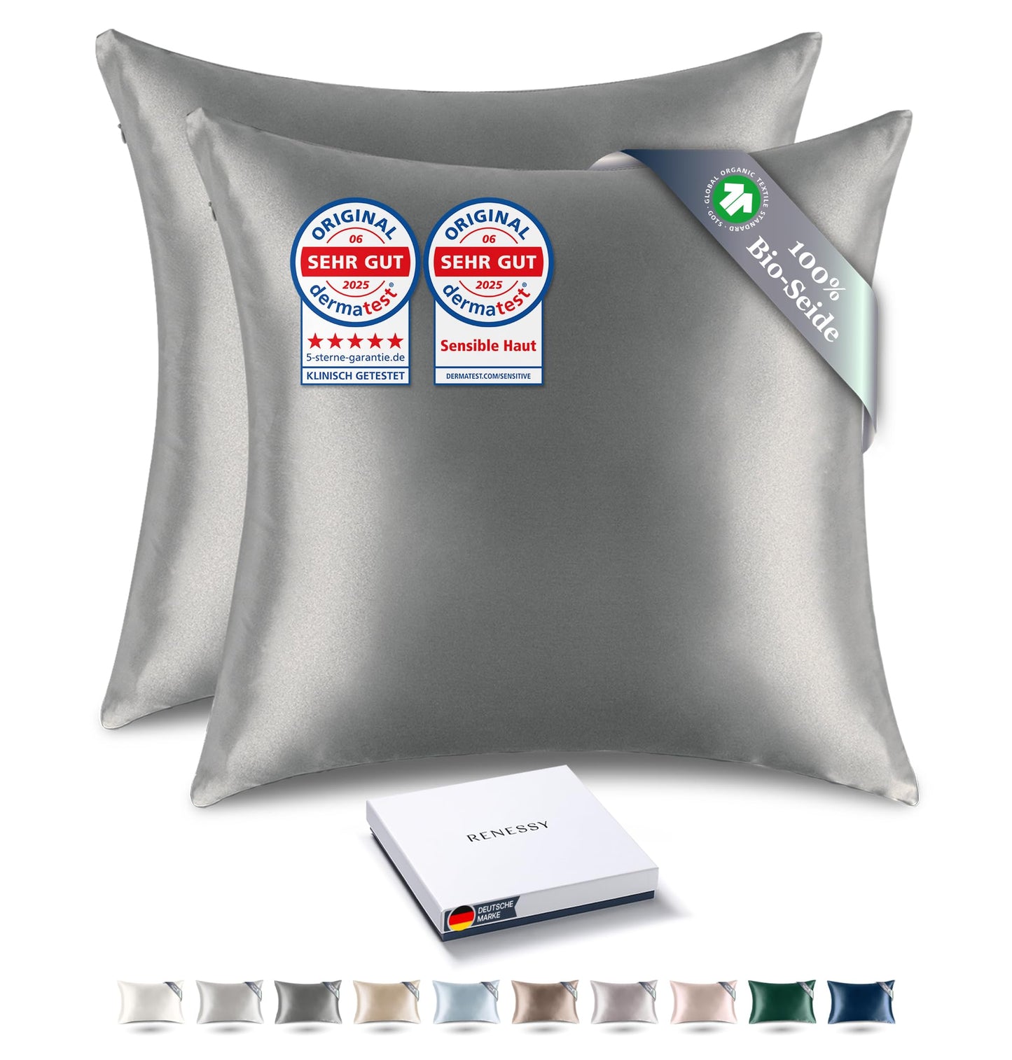 RENESSY pillowcases made from 100% organic silk 40x40 cm (2-Pack) - 22 Momme Mulberry silk, Grade 6A, Oeko-Tex certified in Germany - Luxury for hair and skin (Graphite Grey)