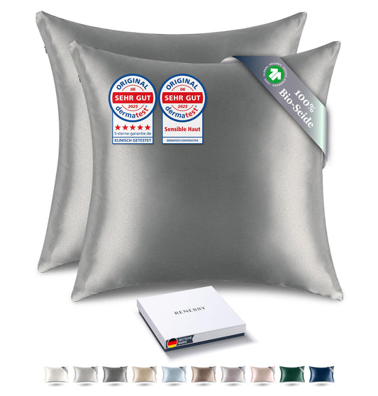RENESSY pillowcases made from 100% organic silk 40x40 cm (2-Pack) - 22 Momme Mulberry silk, Grade 6A, Oeko-Tex certified in Germany - Luxury for hair and skin (Graphite Grey)