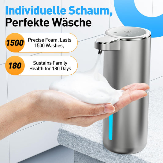 Fantictas automatic wall mounted soap dispenser with infrared sensor, 380ml electric soap dispenser without drilling, USB rechargeable, IPX5 waterproof for bathroom toilet kitchen - silver
