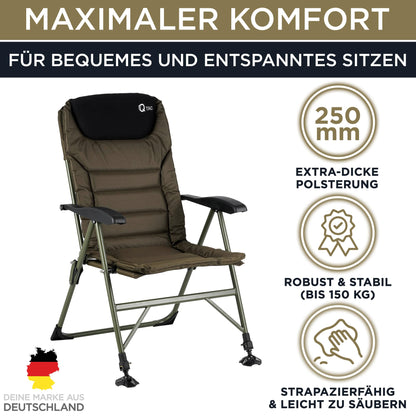 Q-Tac fishing chair 150 kg [Sturdy, comfortable & durable] Carp chair foldable with Adjustable backrest & extra-large mud feet - Fishing chair with highest seating comfort, Angler chair, Camping chair