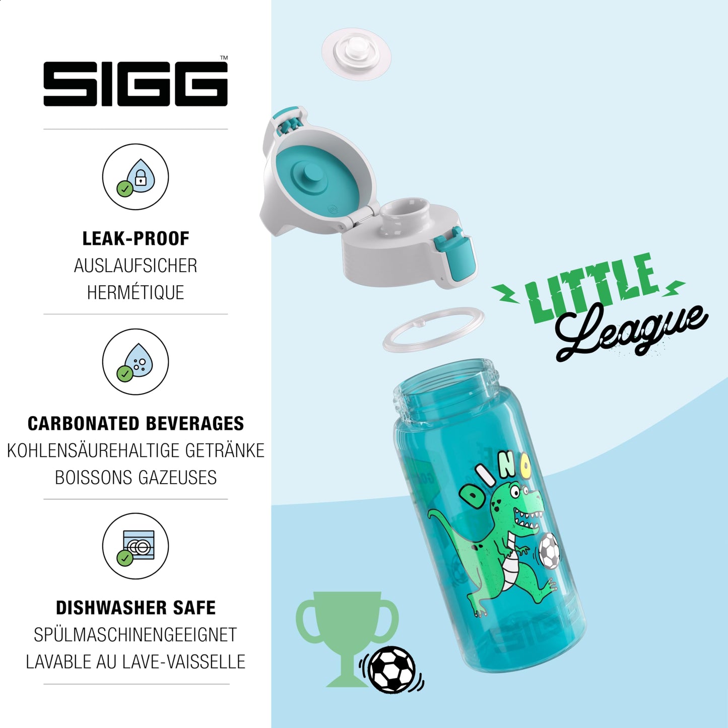 SIGG - Kids Water Bottle - Viva One Football Dino - Suitable for Carbonated Drinks - Leakproof - Dishwasher Safe - BPA-Free - Sports & School - Blue with Soccer Dinosaur - 0.5L