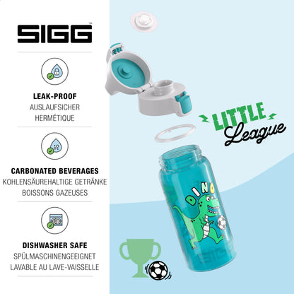 SIGG - Kids Water Bottle - Viva One Football Dino - Suitable for Carbonated Drinks - Leakproof - Dishwasher Safe - BPA-Free - Sports & School - Blue with Soccer Dinosaur - 0.5L