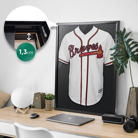 ACAZA jersey frame 60 x 80cm, 3D picture frame deep for filling with football, ice hockey, rugby, NBA jerseys, with hanger, aluminum and acrylic glass, black.