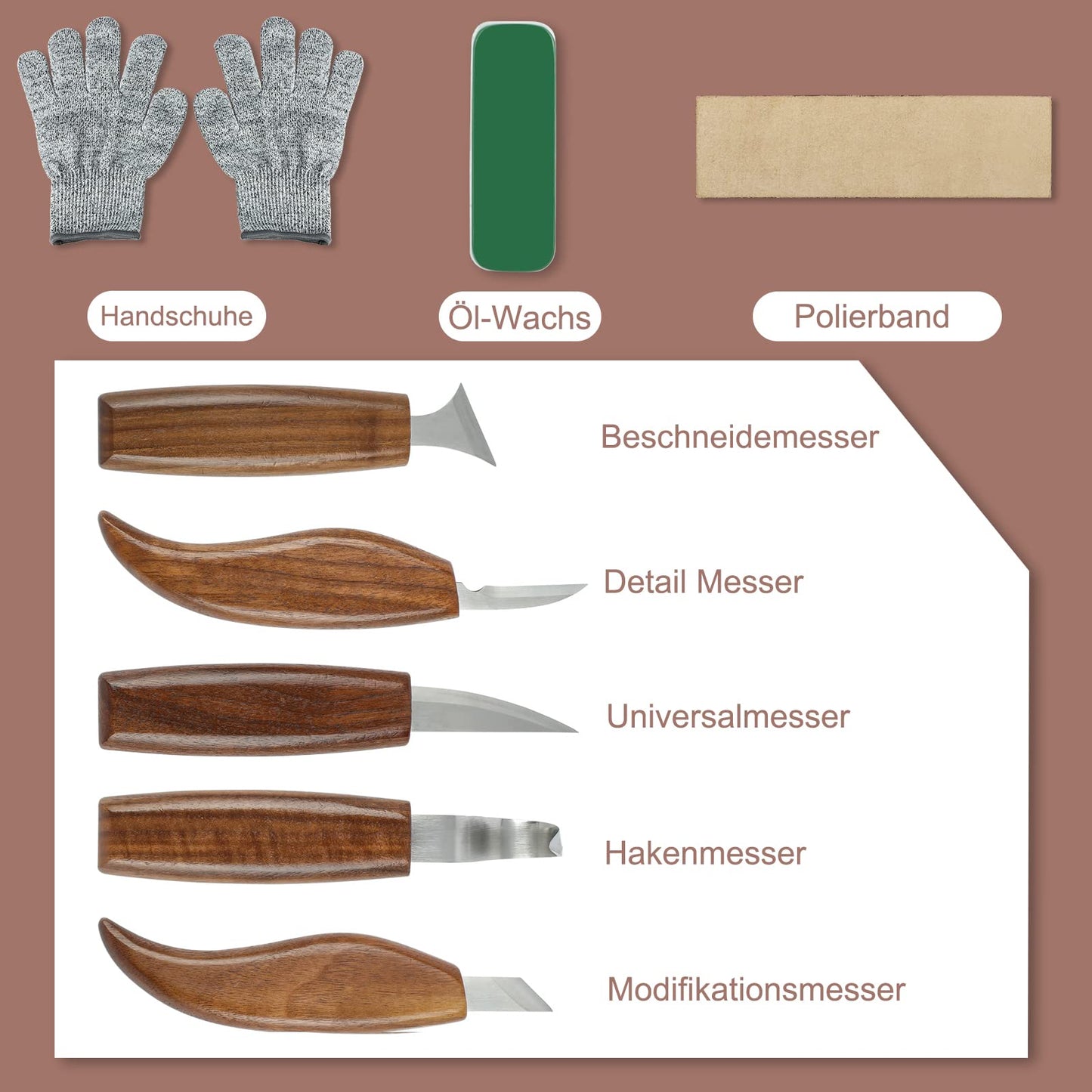Wood Carving Tool Set, 10 in 1 carving knife set with 5* knife carving chisel, cut-resistant gloves, oil wax, polishing tape, Ideal carving set for beginners and professionals.