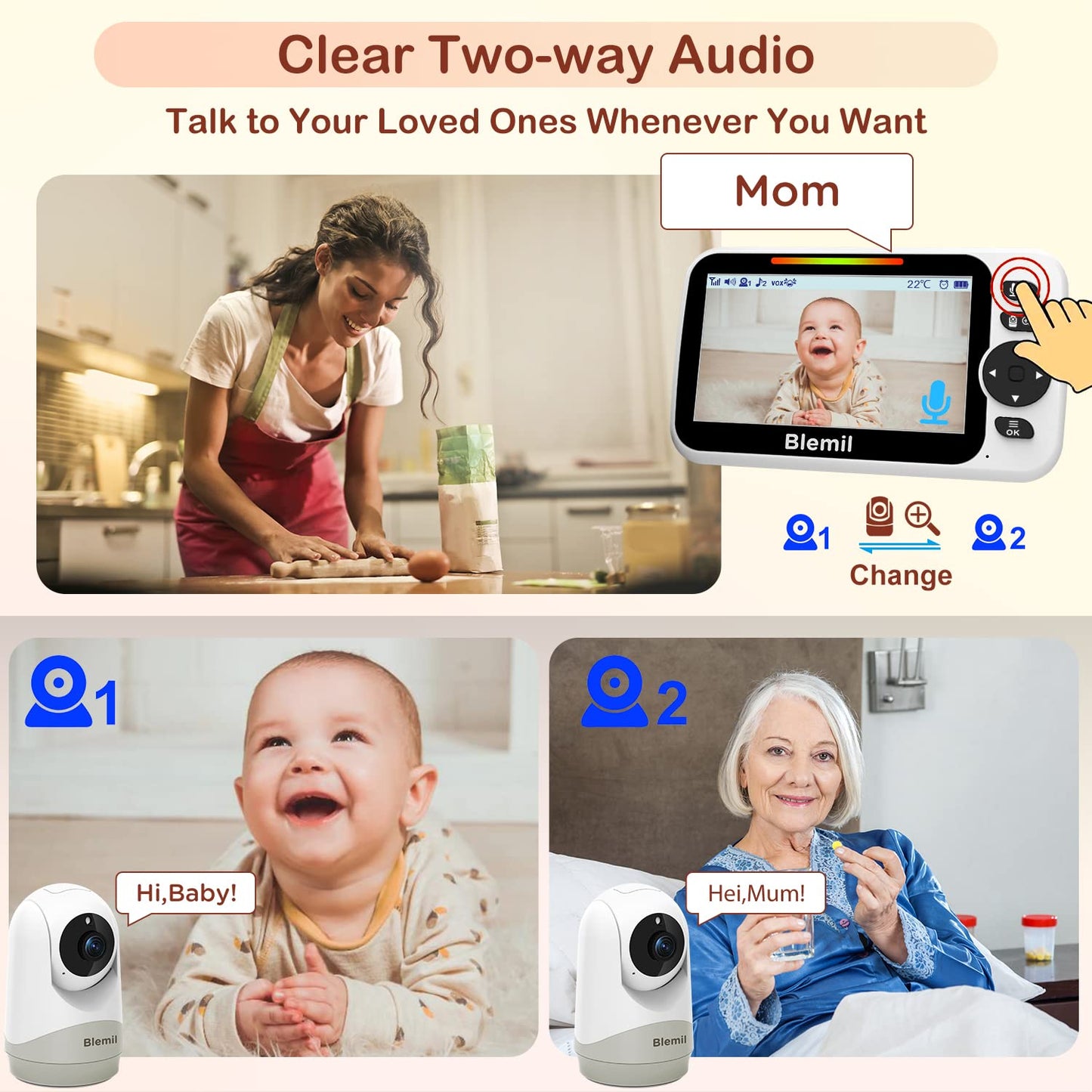 Baby monitor with 2 cameras and audio, 30-hour battery, 5" large split-screen video baby monitor with 2 cameras and audio, remote pan/tilt/zoom, two-way talk, room temperature, auto night vision.