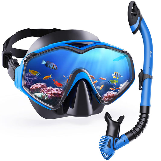 Adult Dorlle snorkel set includes premium dry snorkel and tempered glass diving mask, 180° panoramic view, anti-fog, anti-leak features for snorkeling and swimming. Comes with a carrying bag.